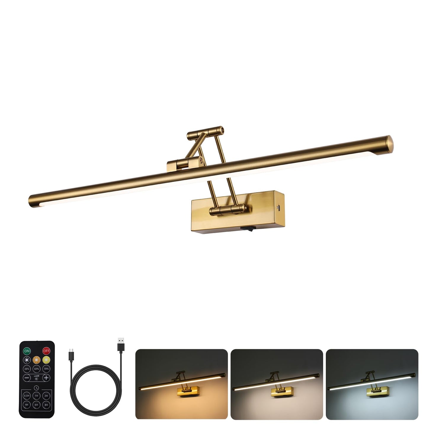 Yumcrelect Picture Light Battery Operated With Remote Led Dimmable Picture Light For discomfort-reducingtings Brass Rechargeable 24 Inch Battery Operated Wall Sconce For Art Lighting Gallery Portrait Artwork