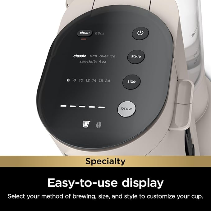 Ninja Pod & Grounds Specialty XL Single-Serve Coffee Maker, K-Cup Pod Compatible, Brews Grounds, Compact Design, Built-In Milk Frother, 68-oz. Reservoir, 6-oz. Cup to 24-oz. Mug Sizes, Stone, PB055AST