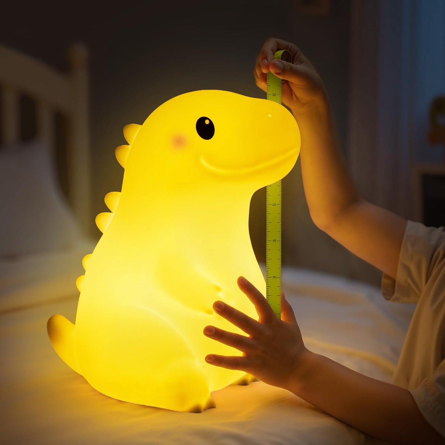 Mewaii Big Dinosaur Night Light for Kids, 7.8 in & 18 Funny Sounds Squishy Silicone Dinosaur Lamp with 3-Level Brightness, Recha