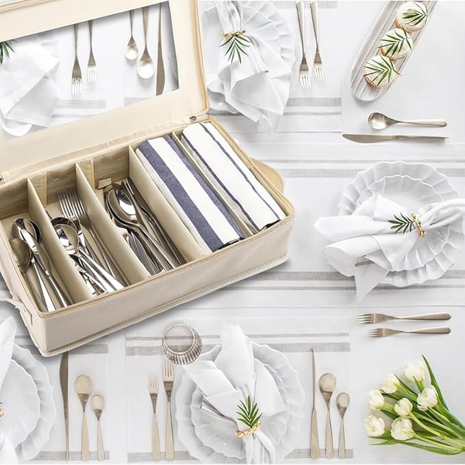 Flatware Utensil Storage Case, Beige Silverware Storage Box Chest with Adjustable Dividers, Removable Cutlery Storage Holder with Zipper Lid for Organizing Spoon/Flatware/Knives