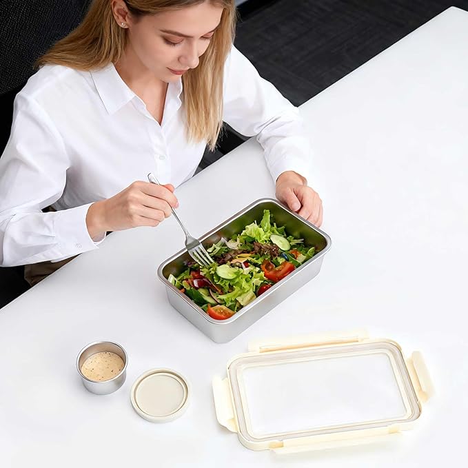 YINGRACE Stainless Steel Lunch Box Container for Adult, 42oz/1250ml Leak Proof Bento Box, Microwave-Safe with Removable Divider, Clear Airtight Lid Lunchbox for Work, Hike, Travel, Silver