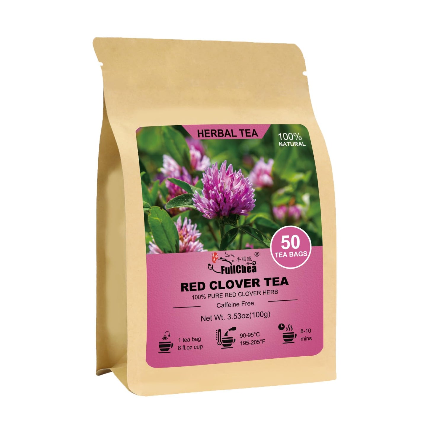 Fullchea - Red Clover Tea Bags 50 Teabags - Pure Red Clover Herb - Non-GMO - Caffeine-Free - Rich in Antioxidants & Supports Wellness