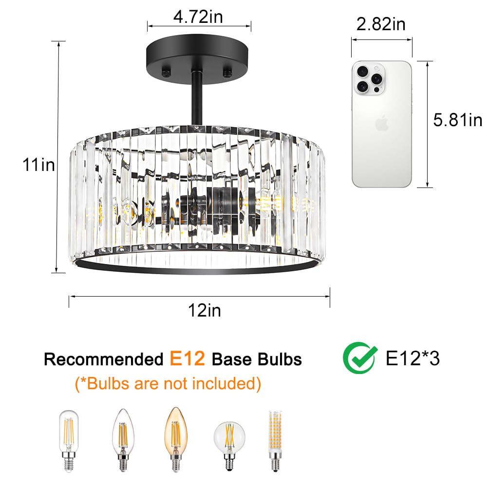 Lxybcce Modern Crystal Ceiling Light Matte Black Semi Flush Mount Ceiling Lighting Fixture Hallway Light Fixtures Chandelier For Kitchen Bedroom Dining Room Hallway Closet 3-Light 12 Inch