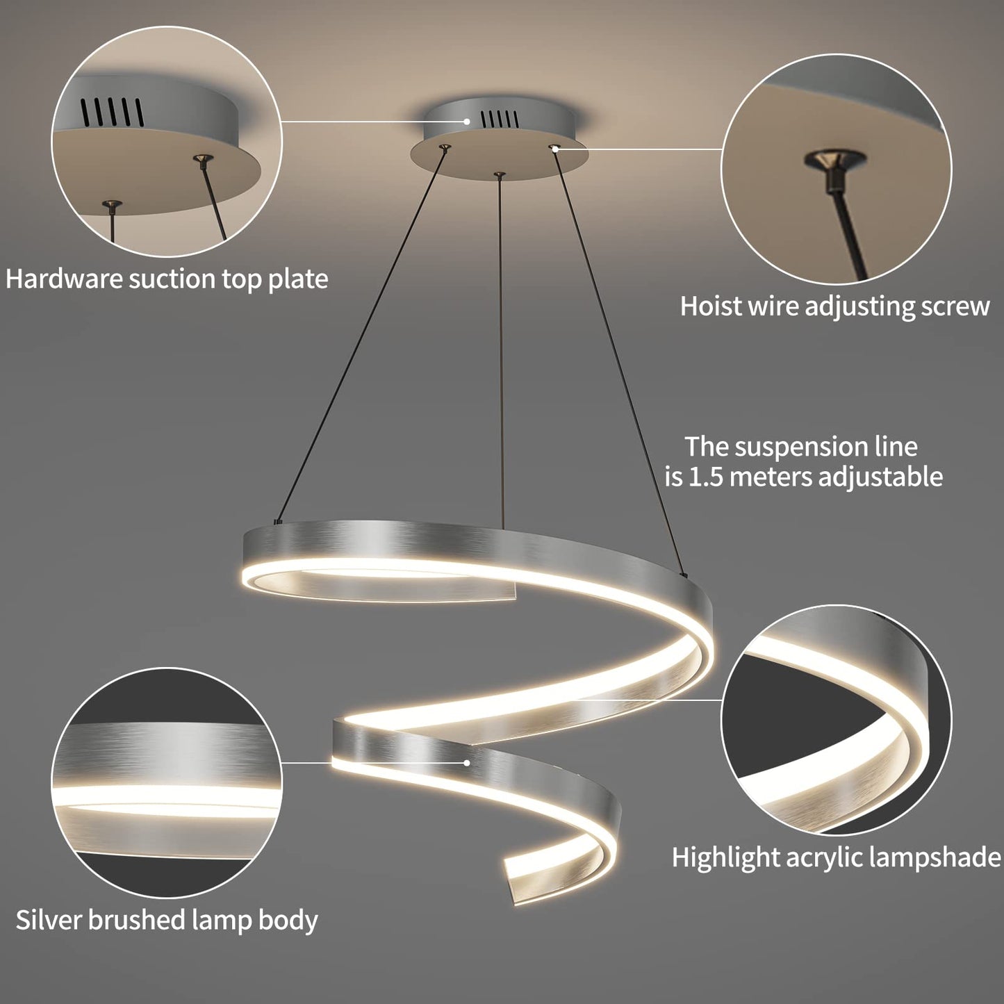 Mikeru Pendant Light with Remote Control, Dimmable 3000k-6500k, 19.6 Inch, D-Silver, Model 60