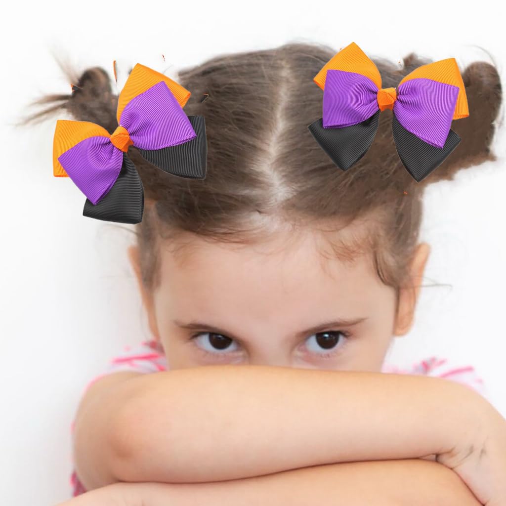 Halloween Hair Bow Clips 3.5 Inch for Toddler Teen Girls, Orange Black Purple Ribbon Bow Barrette Alligator Hair Pins, Women Kid