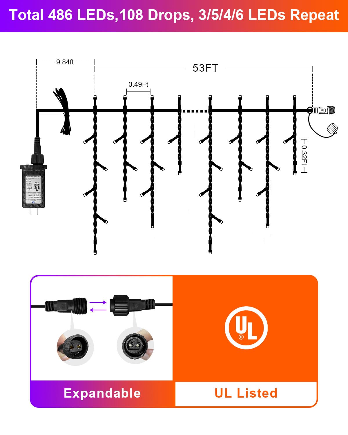Jixxulvu Outdoor Halloween Lights Waterproof 53Ft 486 Led Hanging String Lights With 108 Drops 8 Modes Timer Connectable Plug-In Outside Lights For Party Eaves Yard Decorations Purple And Orange