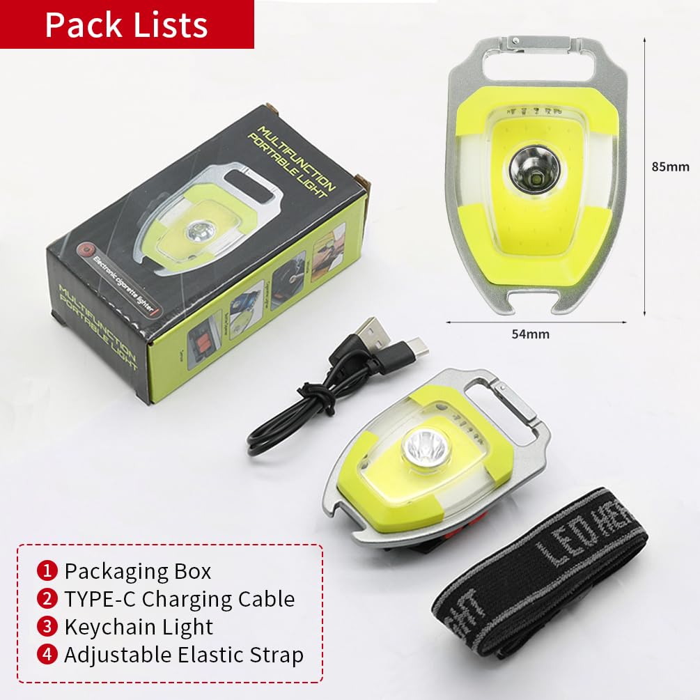 By-J Led Small Flashlight Snap-On Key Chain Light Cob Multi-Function Mini Work Light 600 Lumens Rechargeable 7 Lighting Modes With Fire Starter Seat Belt Cutter Screwdriver Whistle Yellow