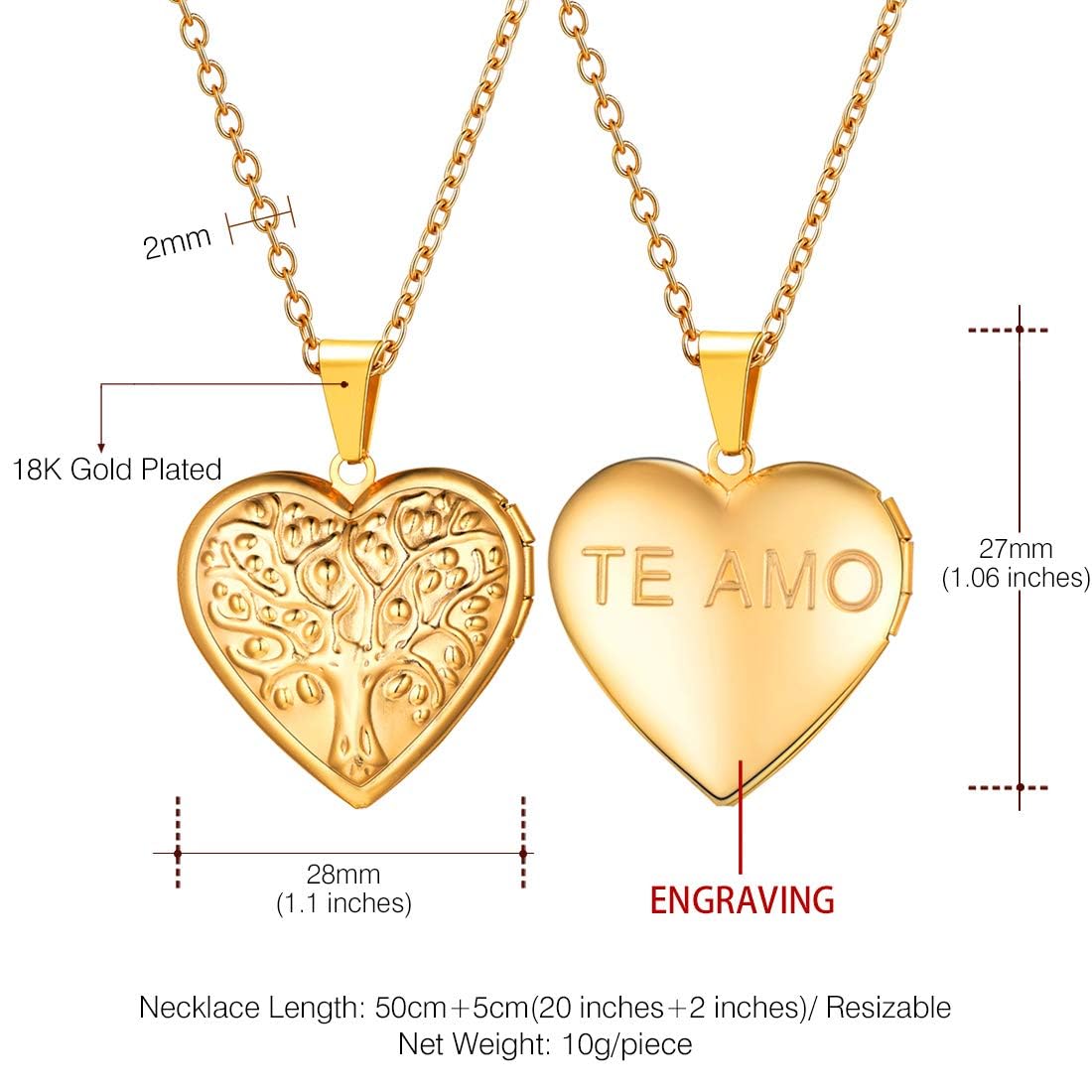 U7 14K Real Gold Plated Family Tree Heart Shape Photo Locket Necklace, Christmas with Decent Box