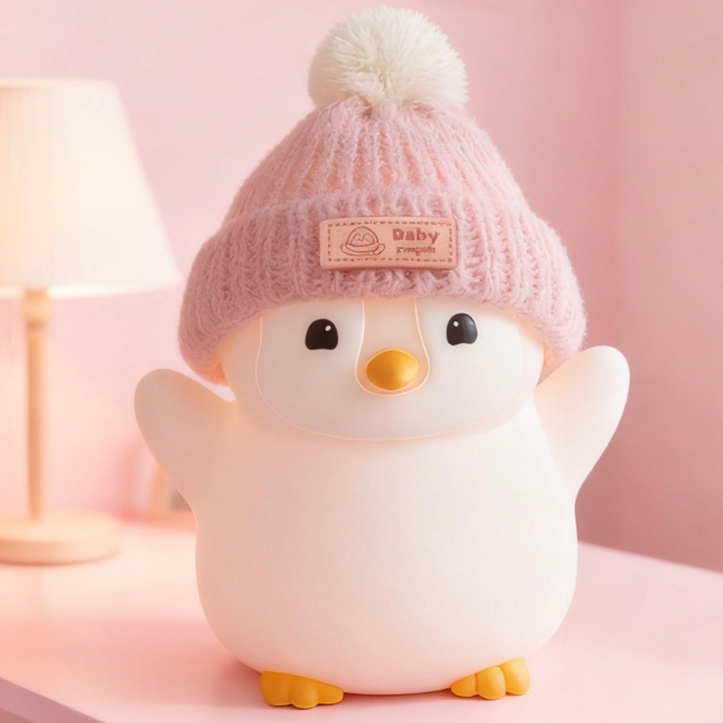 Famiduo Penguin Night Light Cute Pink Penguin Lamp With Knit Hat Soft Silicone Nursery Nightlight For Baby Rechargeable/Dimmable/Timer Led Squishy Novelty Animal Bedside Lamp Funny Gifts For Kids