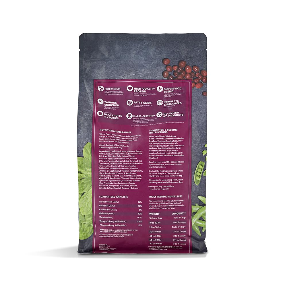 Whole Paws by Whole Foods Market, Grain-Free Adult Dog Food, Grass-Fed Lamb & Garbanzo Bean Recipe, 4 Pound