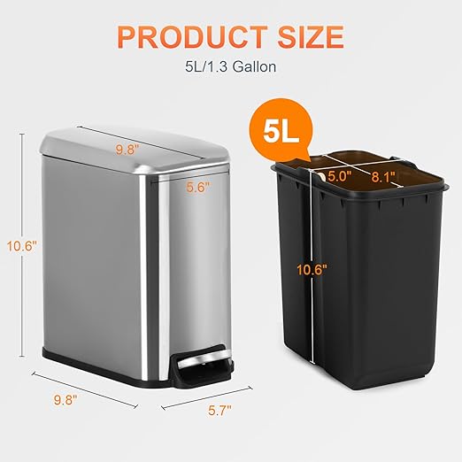 PayLessHere 1.3 Gallon Trash Can Kitchen Trash Can Stainless Steel Garbage Can with Removable Plastic Inner Bucket Lid Foot Pedal for Home Kitchen Bedroom Bathroom (2, Stainless Steel)