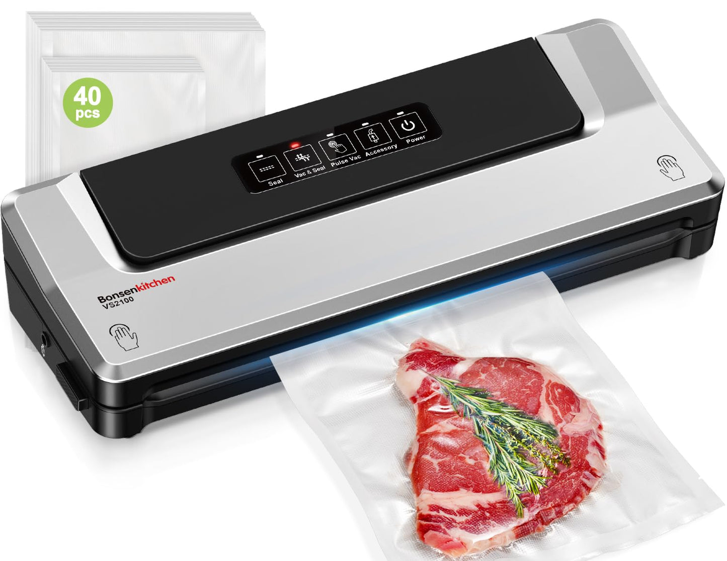 Bonsenkitchen Vacuum Sealer Machine with 40 Bags | Compact Food Sealer for Kitchen Storage & Meal Prep | Multiple Modes | Extern