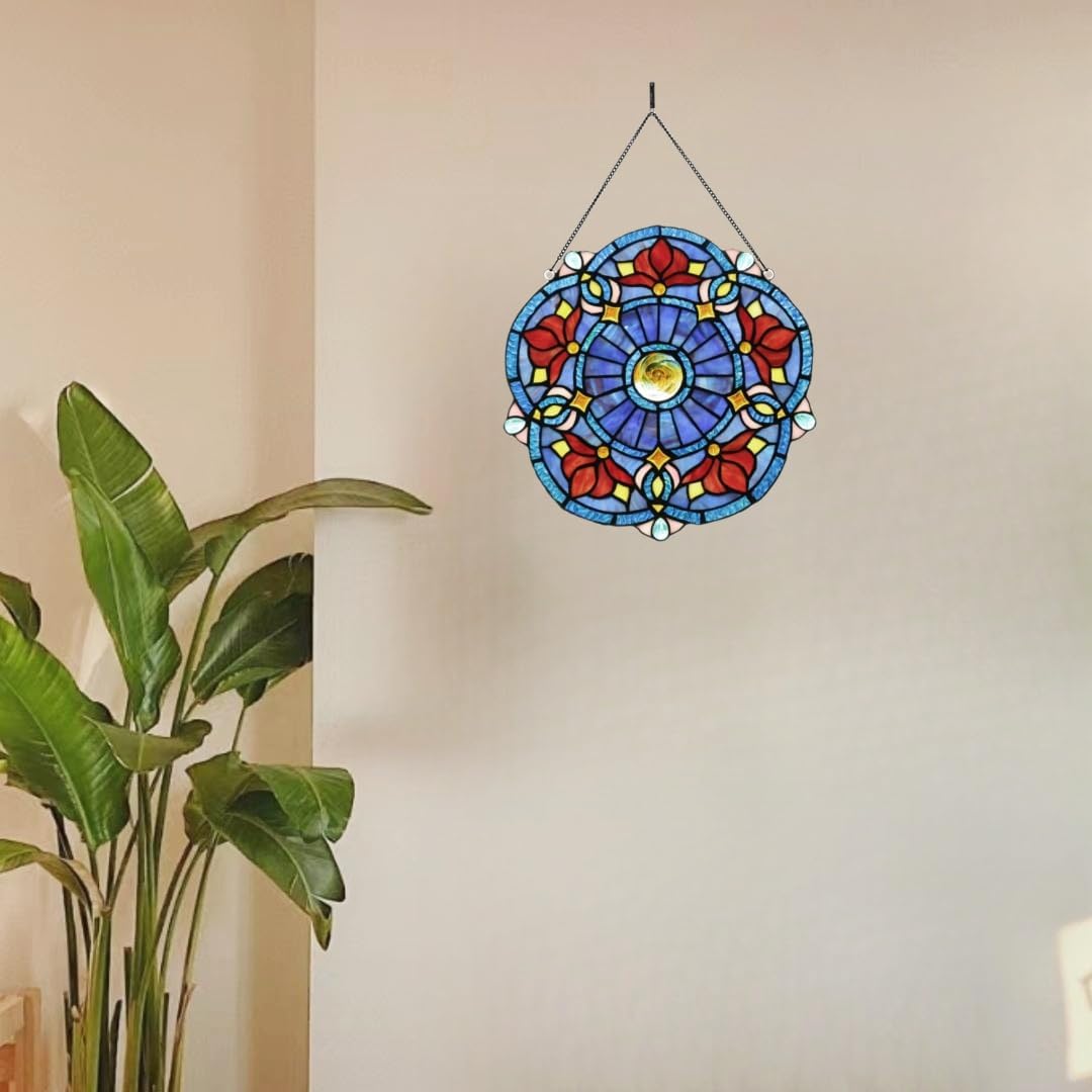 Victorian Style 12" Stained Glass Window Hangings Panel,Decorative Window Hanging Suncatcher, Blue and Red