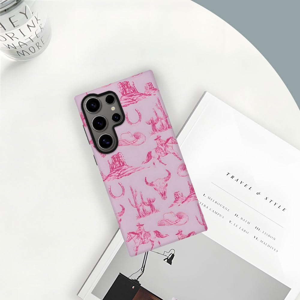 Tnxee Case For Samsung Galaxy S23 Ultra,Pink Hat Horse Western Cowboy Phone Case Drop Resistant Frosted 2 In 1 Solid Dual-Layer