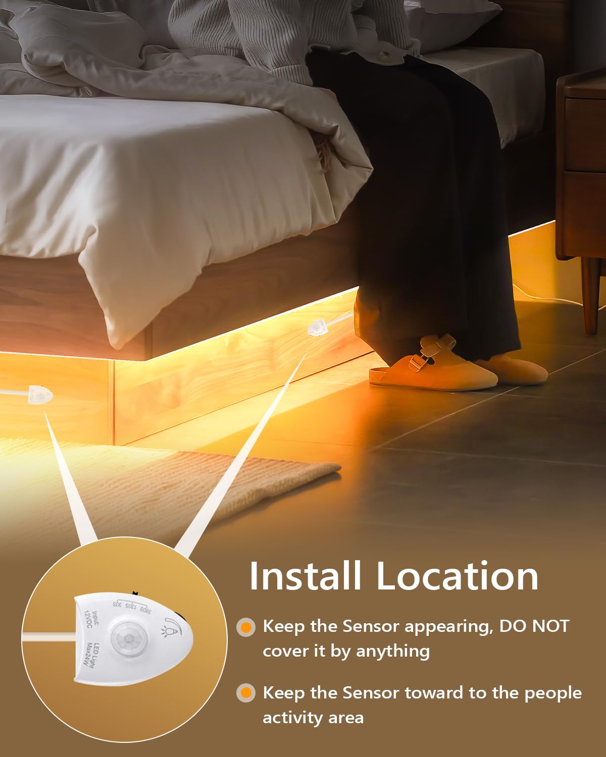 Willed Dimmable Motion Activated Bed Light, 5Ft Led Strip, Warm White, Model Cd-Ww For Bedroom, Crib, Stairs, Bathroom