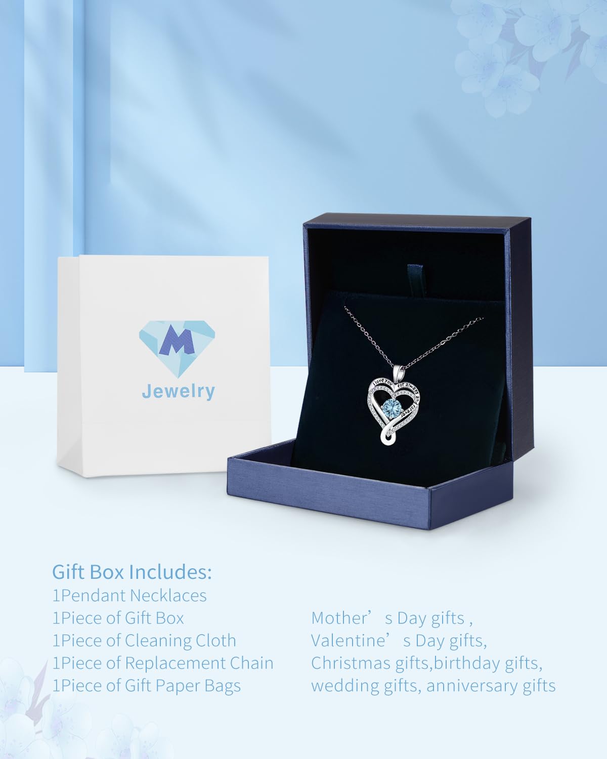S925 Silver Necklace for Women Anniversary for Her Wife Birthday Gift ideas for Girlfriend Infinity Heart Birthstone Womens Jewe