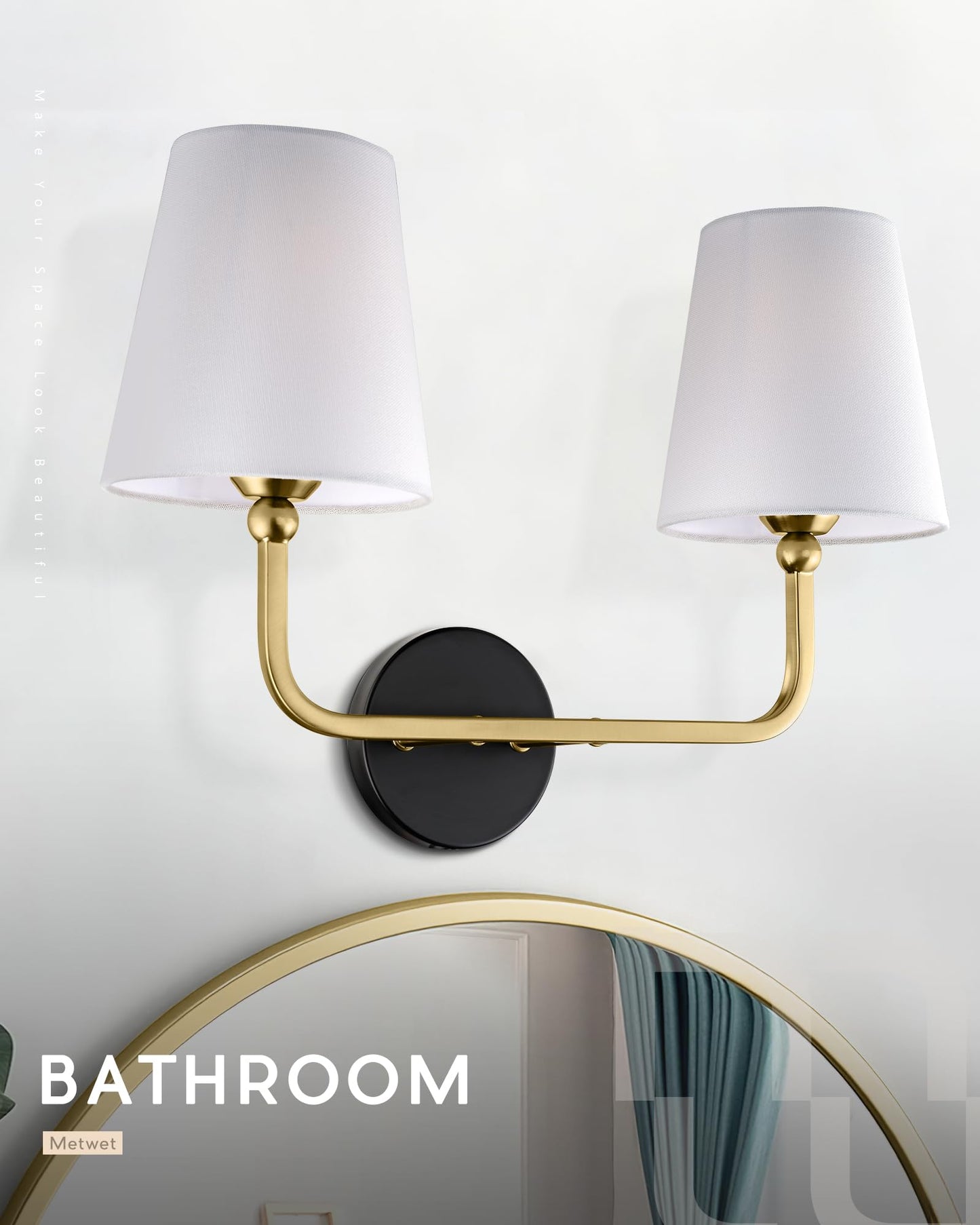 Metwet 2-Light Bathroom Light Fixtures Black And Gold Vanity Lights Double Wall Sconce With Flared White Fabric Shade Modern Sconces Wall Lighting For Hallway Bedroom Stairway Vl837-Kg-2