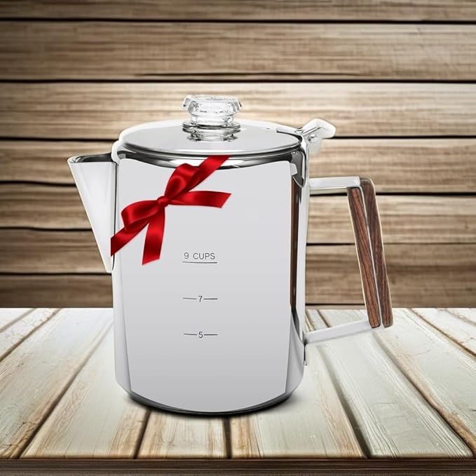 MEREZA Camping Coffee Pot Stovetop Coffee Maker Percolator Campfire Coffee Pot Stainless Steel Coffee Pot Camping Outdoors Home 9 Cup No Aluminum & Plastic Fast Brew