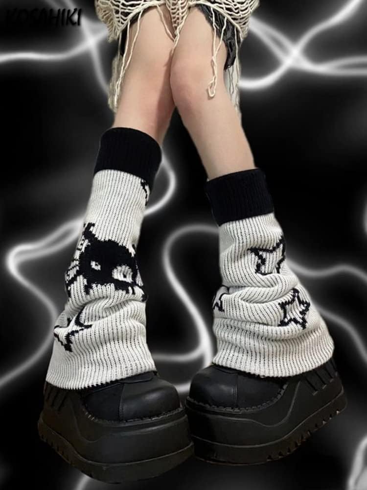 heyheyshine Y2k Star Skull Print Two Side Wear Knitted Leg Warmers Socks Punk Girls Japanese Kawaii Streetwear Leg Cover (Skull Star Flared, One Size)
