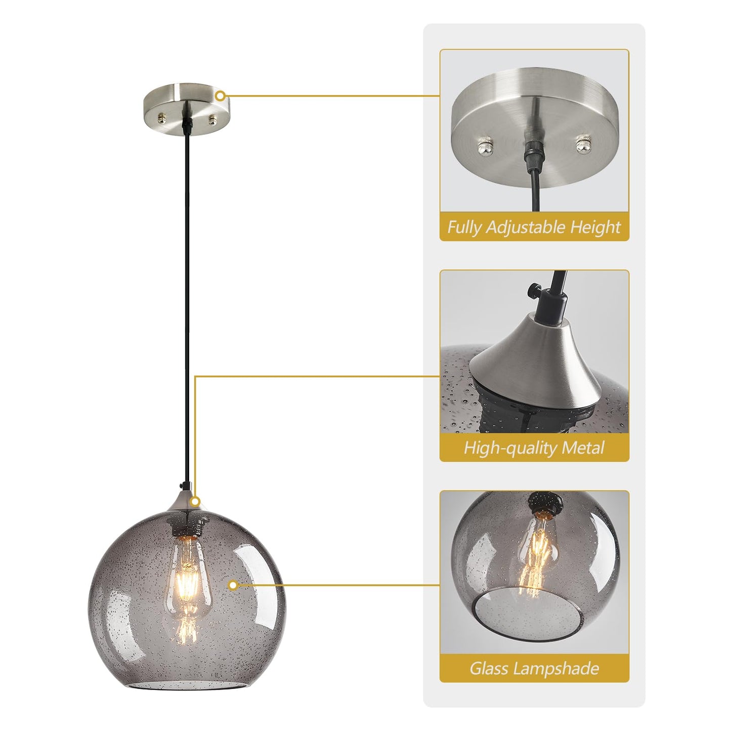 Lbsqj Light Grey Glass Pendant Lights Kitchen Island Globe Pendant Light Fixtures Modern Pendant Lighting For Bedroom Living Dining Room Light Fixture (9.84 In 3 Pack)