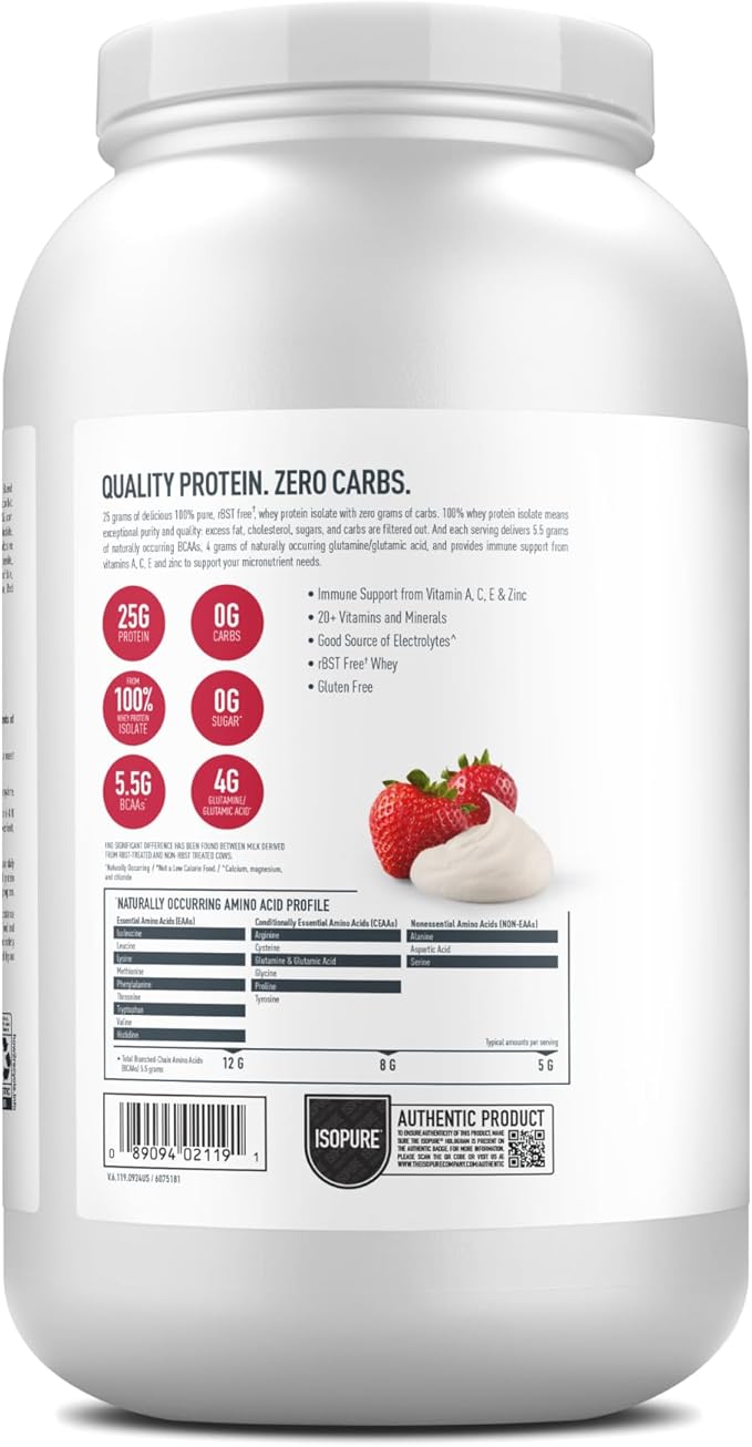 Isopure Zero Carb 100% Pure Whey Isolate Protein Powder, Lactose Free, Gluten Free, With Vitamins, Strawberries & Cream, 25g Protein Per Serving, 3 Lbs, 44 Servings (Packaging May Vary)