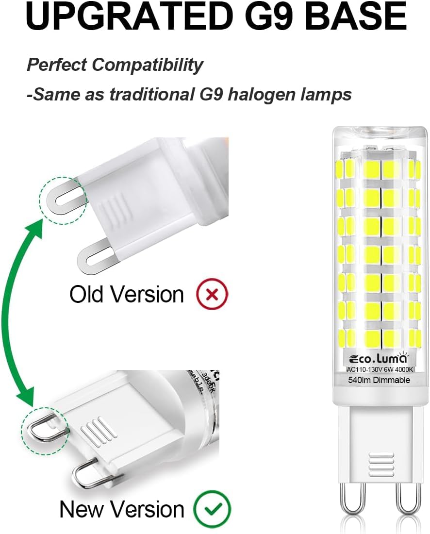 Eco.Luma G9 Led Bulb 50W-60W Equivalent 5000K Cool White Dimmable Efficient 6W 540 Lumens G9 Bi-Pin Base T4 Led Light Bulbs For Indoor Lighting Replacement (Cool White 6 Pack)