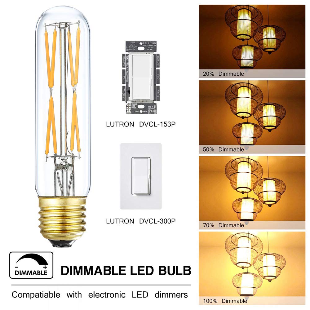 XININSUN T10 LED Bulb, 8W Dimmable, 850lm, Clear Glass, E26 Base, 2700K Warm White, 6-Pack