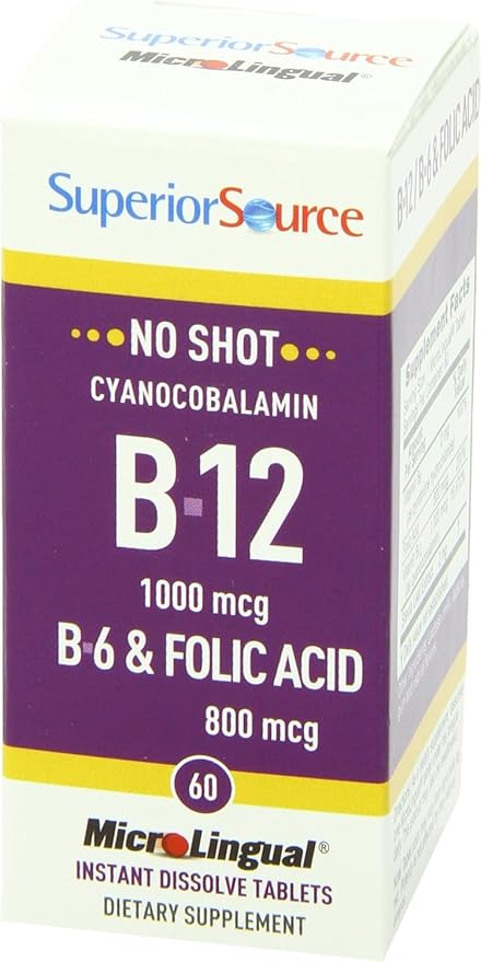 Superior Source No Shot Vitamin B-12 Cyanocobalamin 1000 mcg, B-6, Folic Acid 800 mcg - Support Brain & Heart Health - Aids Natural Energy Levels - 60 Sublingual Dissolving Tablets