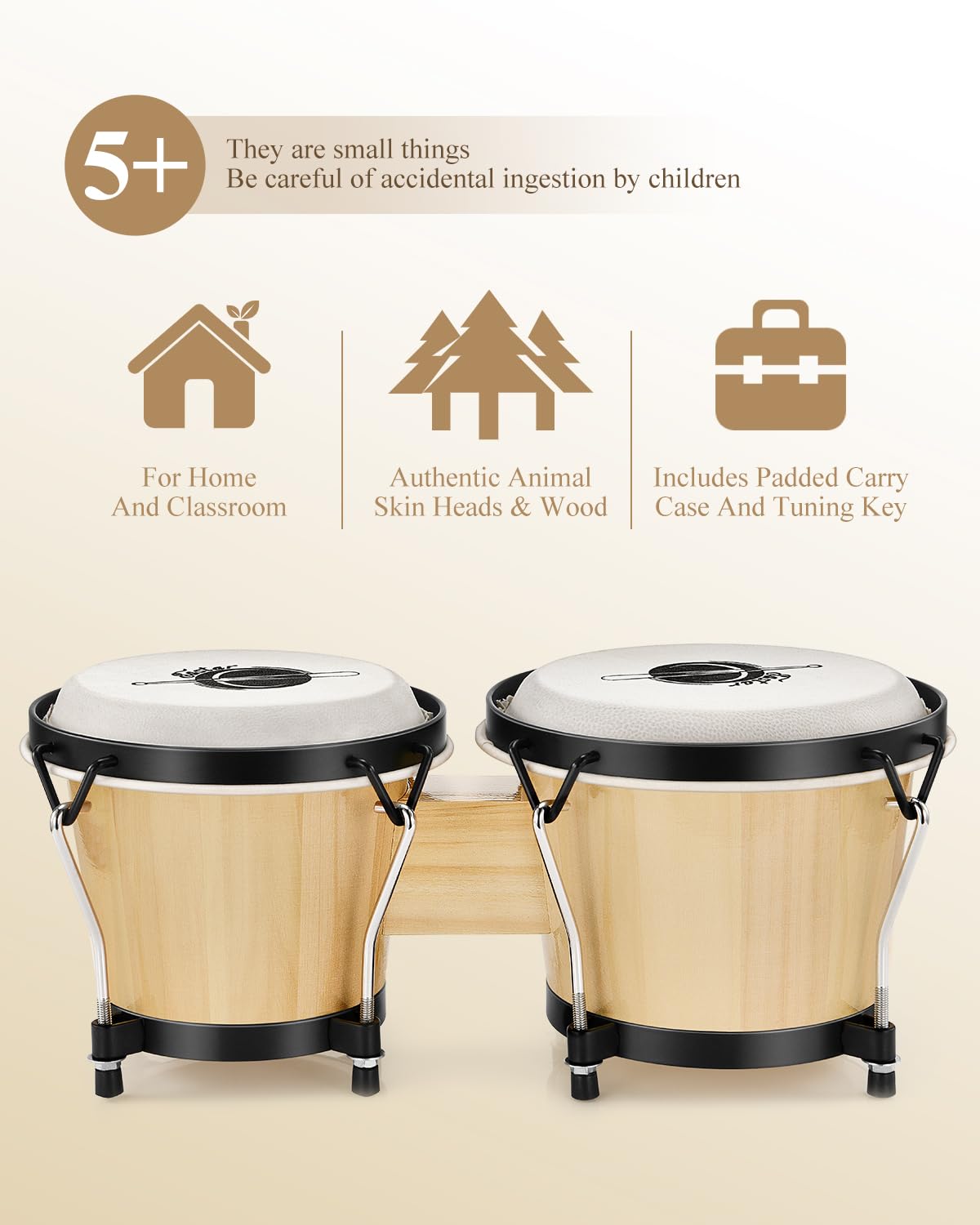 Eastar Bongo Drums 6 And 7 Wood Percussion Instrument Bongos For Kids Adults Beginners Natural Finish, Ebo-1