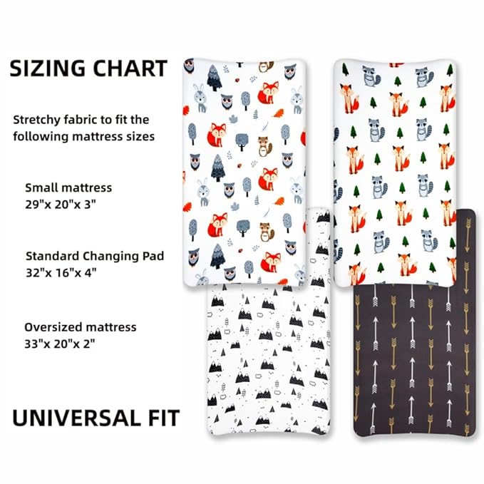 4 Pack Changing Pad Covers Woodland Forest Animals Wood Neutral Unisex Fitted Baby Changing Pad Cover Set for Baby Boys or Girls