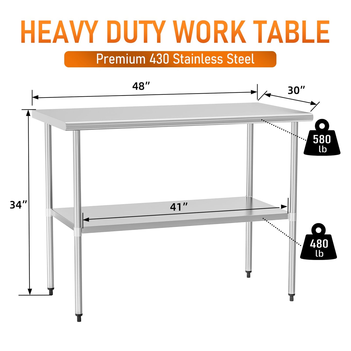 HOCCOT Stainless Steel Table for Food Prep & Work 30 x 48 inches Utility Table with Adjustable Undershelf, Commercial Workstation in Kitchen, Garage, Outdoor BBQ