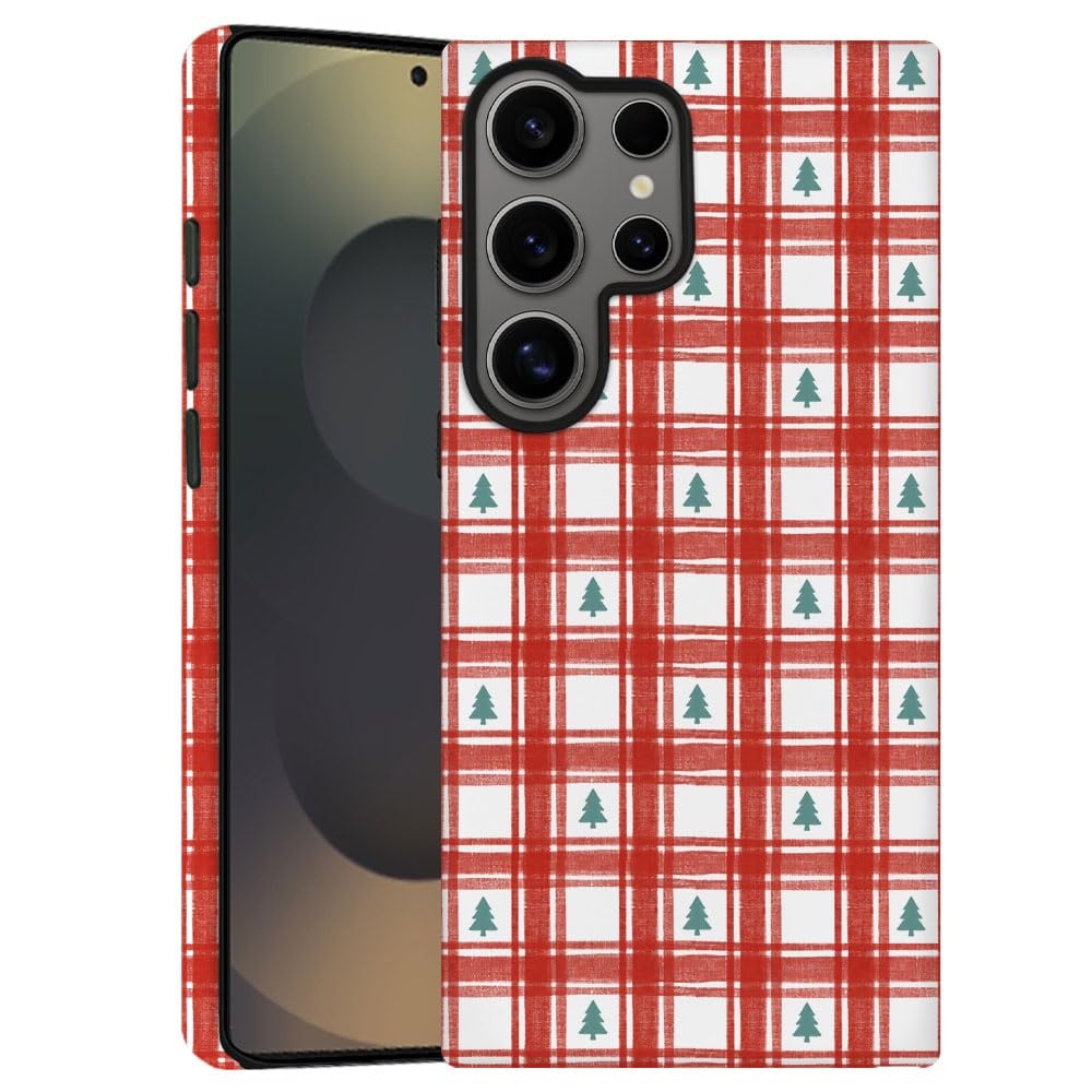 TnXee Case for Samsung Galaxy S24 Ultra,Christmas Tree Red Gingham Pattern Phone Case Drop Resistant Frosted 2 in 1 Solid Dual-L