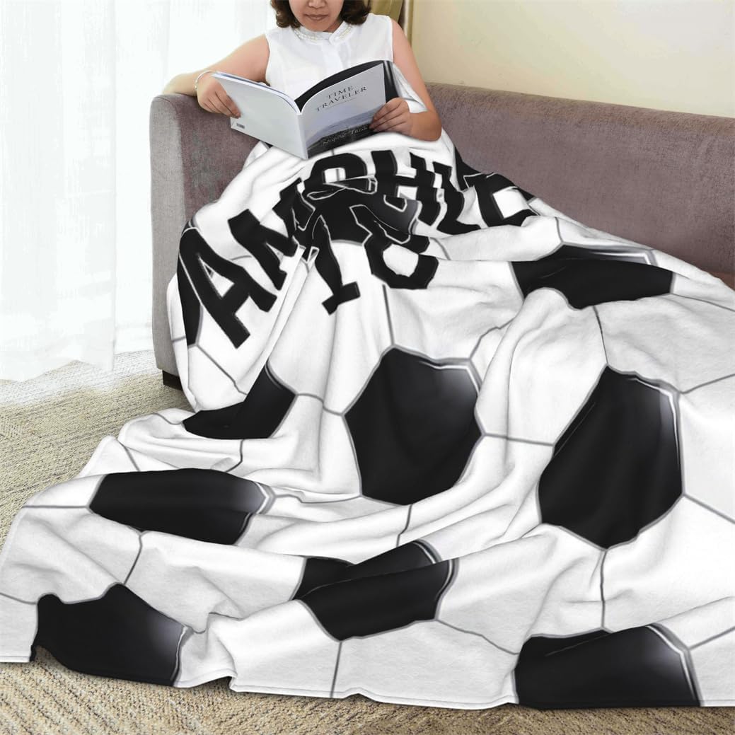 Football Prints Sofa Bedding Travel Throw-Blanket Custom Soccer Enthusiasts Throw-Blanket Gifts with Name Personalized Football Themed Blankets Customized Home Decor Sport Themed Bed Blanket