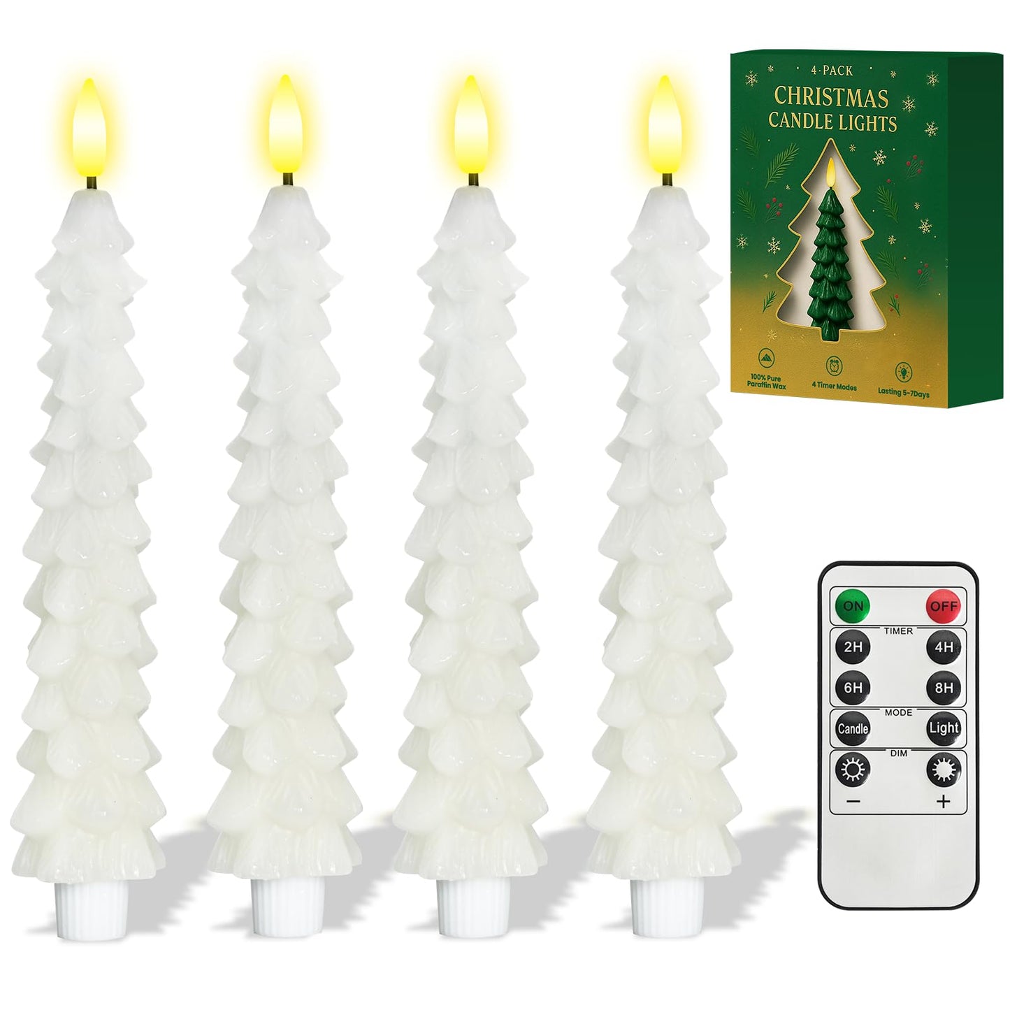 HEYCODY 4 Pcs White Christmas Tree-Shaped Flameless Taper Candles with Remote and Timer, Real Wax LED Window Candlesticks, 3D Fl