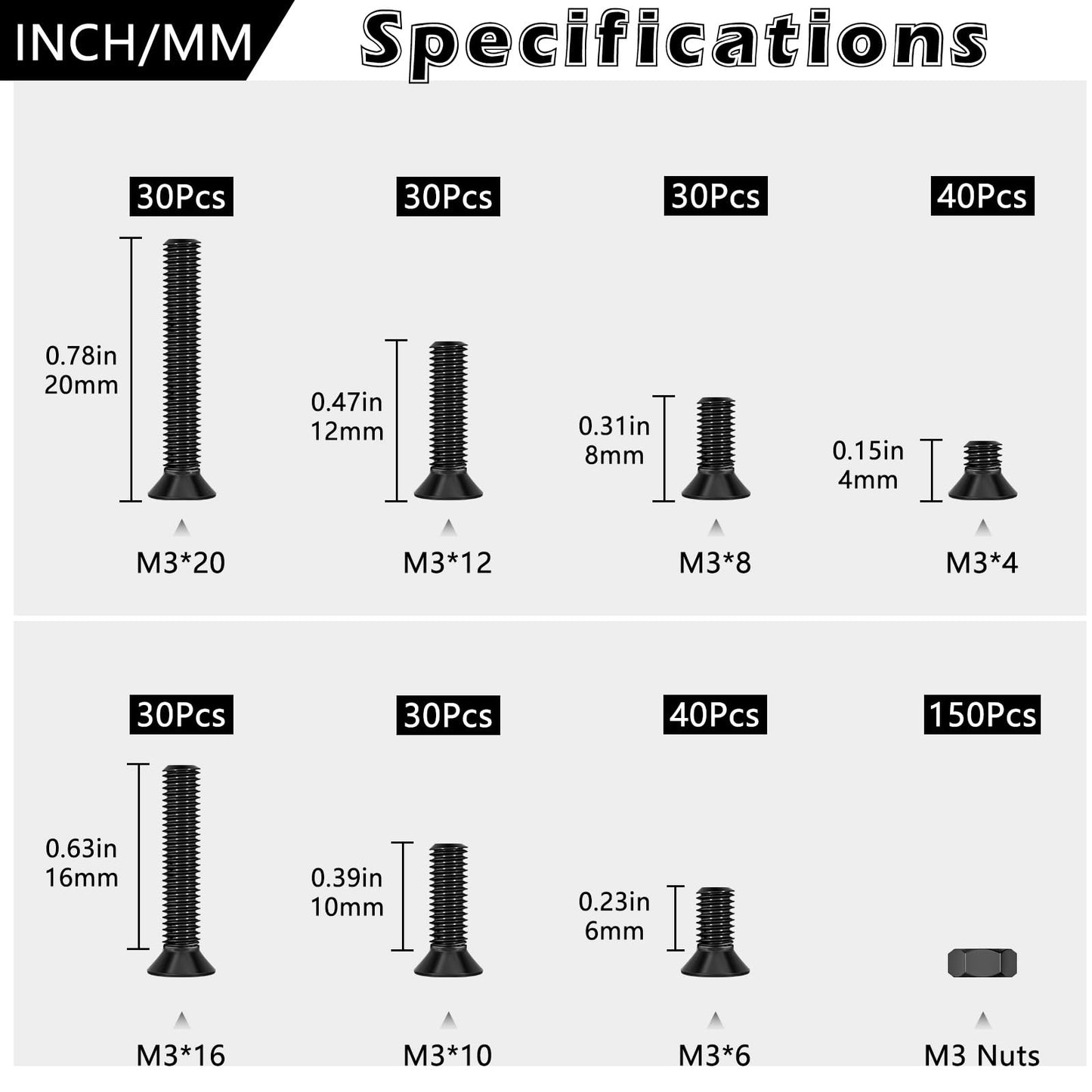 380 Pcs M3 Black Flat Head Machine Screws and Hex Nuts Kit Carbon Steel Countersunk Head Phillips Screws Bolts Assortment,M3 x 4mm/ 6mm/ 8mm/ 10mm/ 12mm/ 16mm/ 20mm