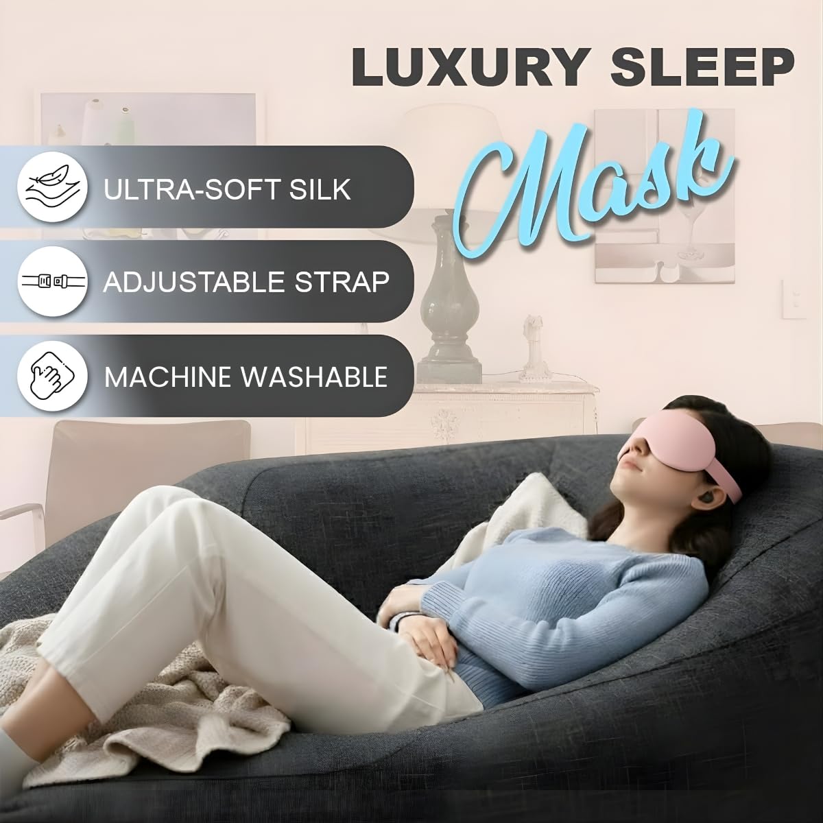 Luxury Sleep Mask β Pack of 2 Ultra-Soft Silk Eye Covers with Adjustable Strap & Soft Ear Loops, 3D Contoured Light Blocking Sleeping Mask for Travel, Naps & Relaxation(Black & Pink)