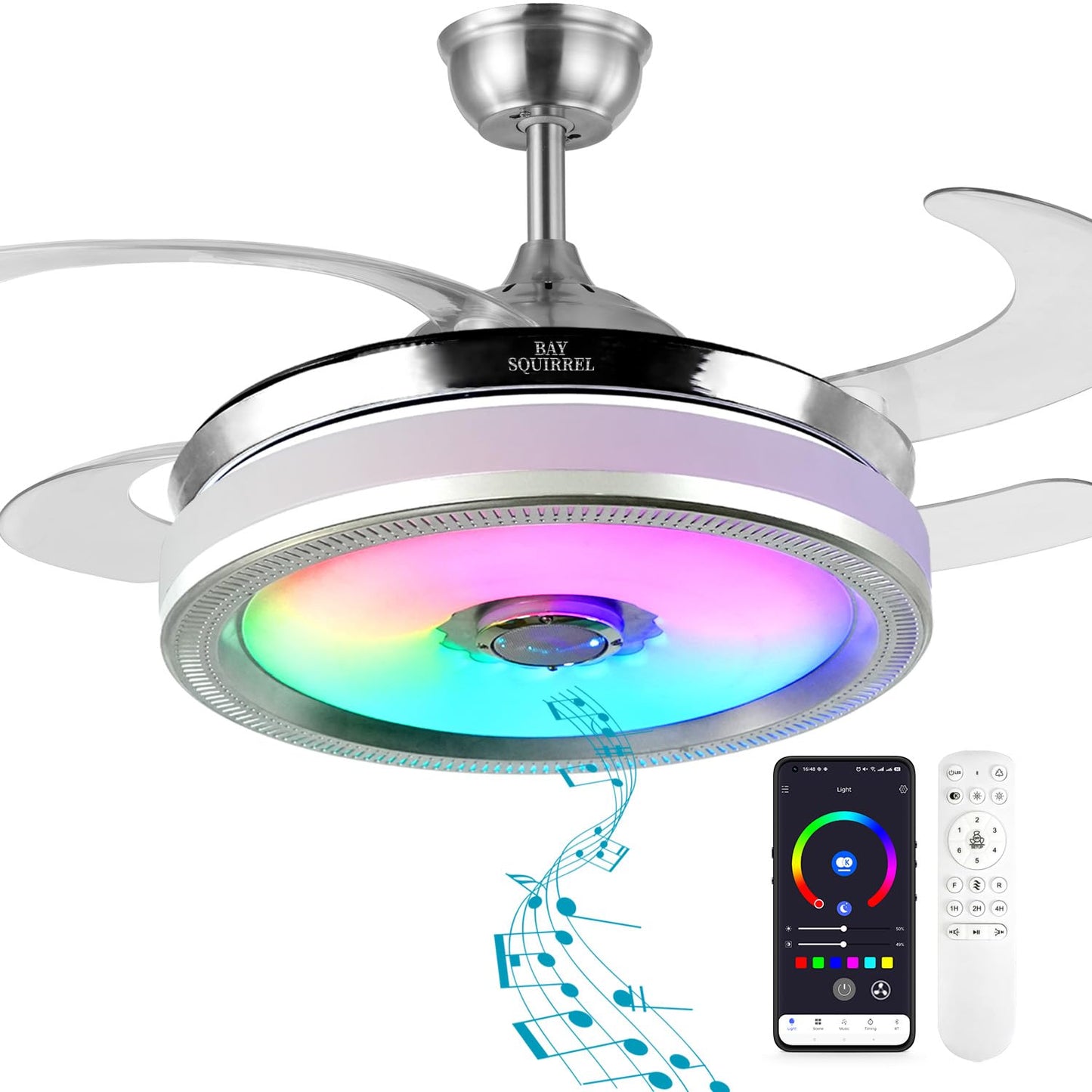 BAYSQUIRREL Retractable Bluetooth Ceiling Fan with Speaker, 85 Kinds of Color Light Bluetooth Ceiling Fan with Light,6 Speed Rev