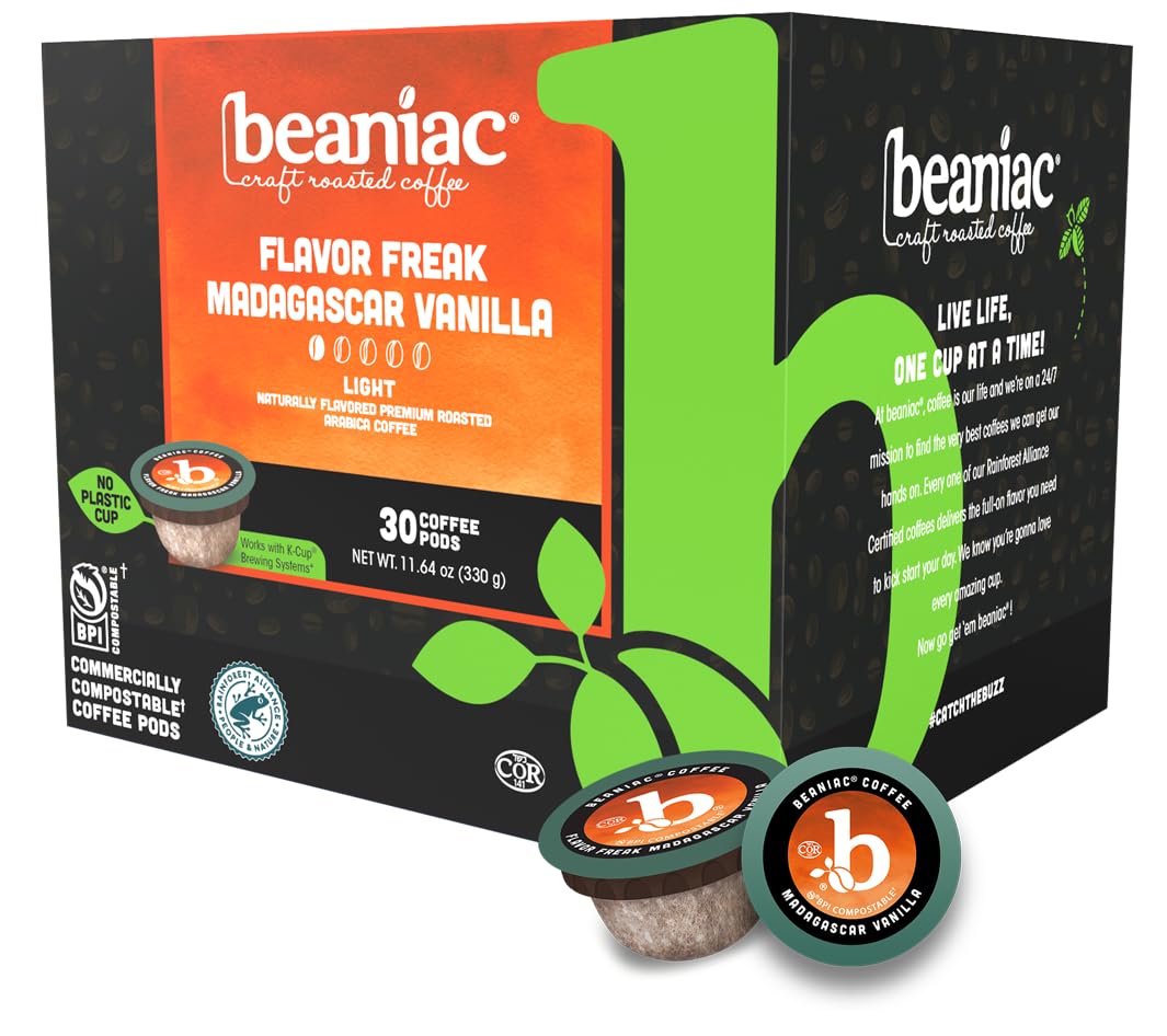 beaniac Flavor Freak Madagascar Vanilla Flavored Light Roast Single Serve Compostable K Cup Coffee Pods Arabica Coffee with Natural Flavors Keurig Brewer Compatible 30 Count