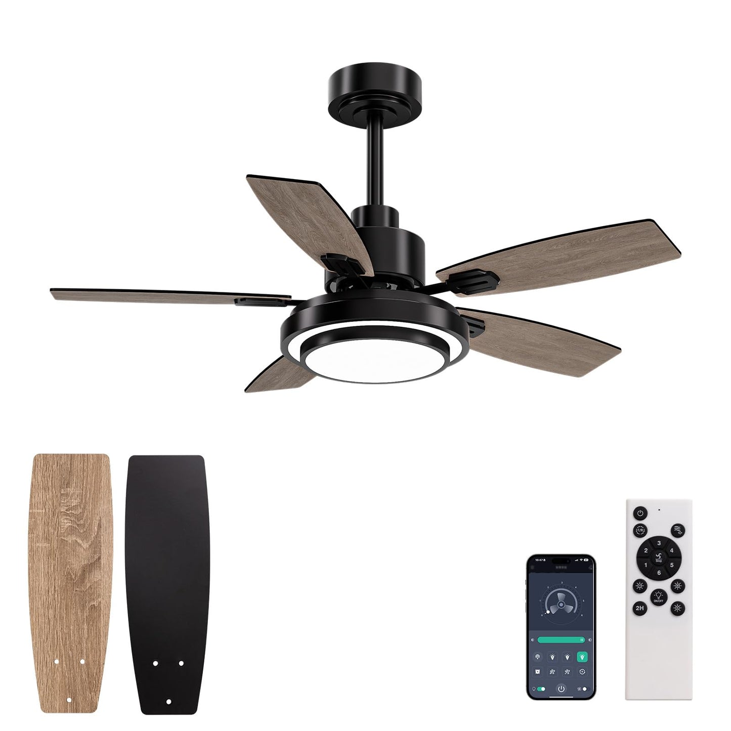 Ceiling Fans with Lights and Remote Control, 42 Inch Flush Mount Ceiling Fan with Quiet Reversible DC Motor, Dimmable LED Lighti