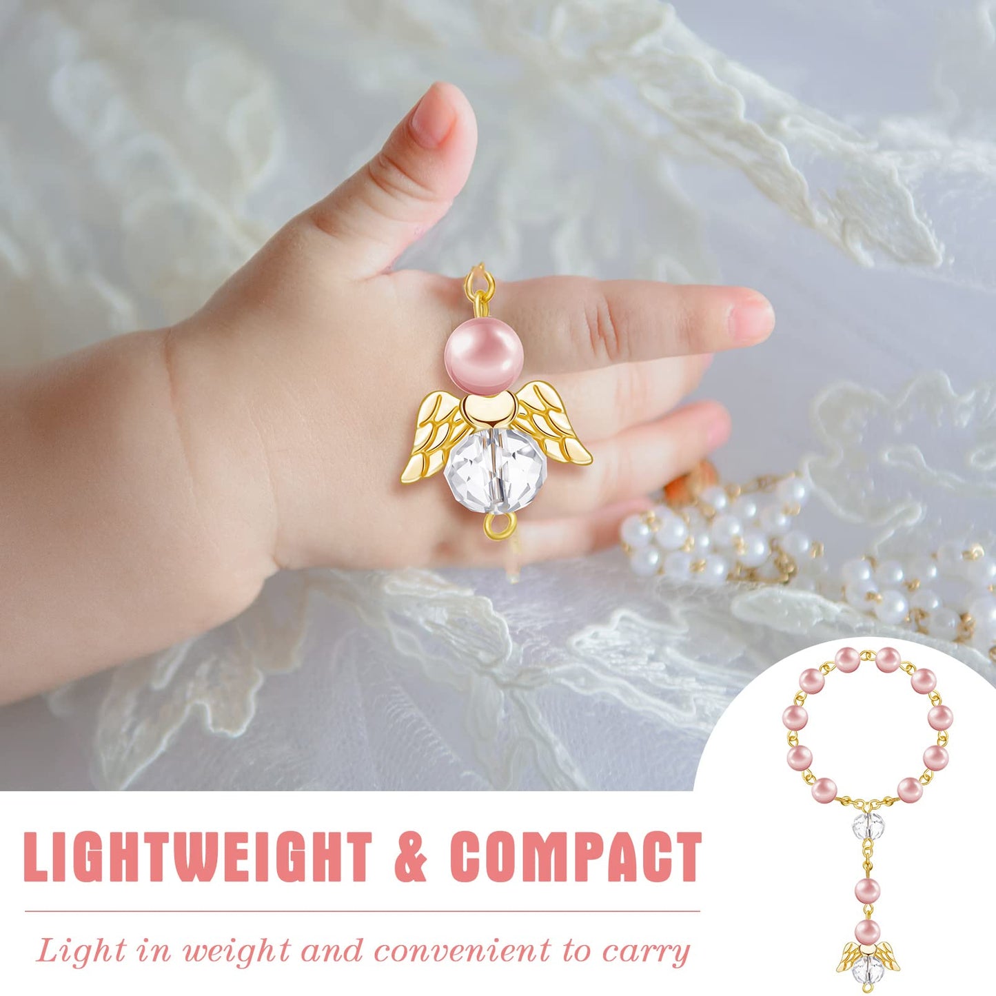 100 Pieces Baptism Rosary Sets Includes 25 Mini Baptism Rosary with Angel, 25 Favor Boxes, 25 Organza Bags and 25 Thank Kraft Ta