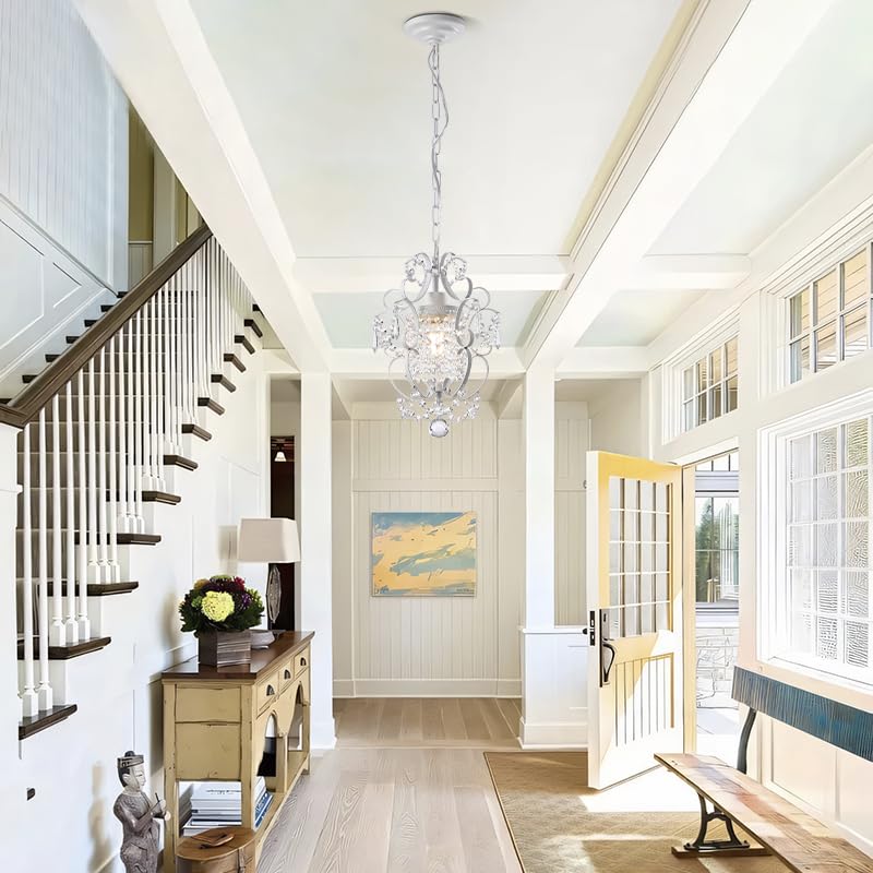 riomasee Mini Chandelier 1-Light, 11-Inch White Crystal Iron Ceiling Light Fixture, Model RM2024-19