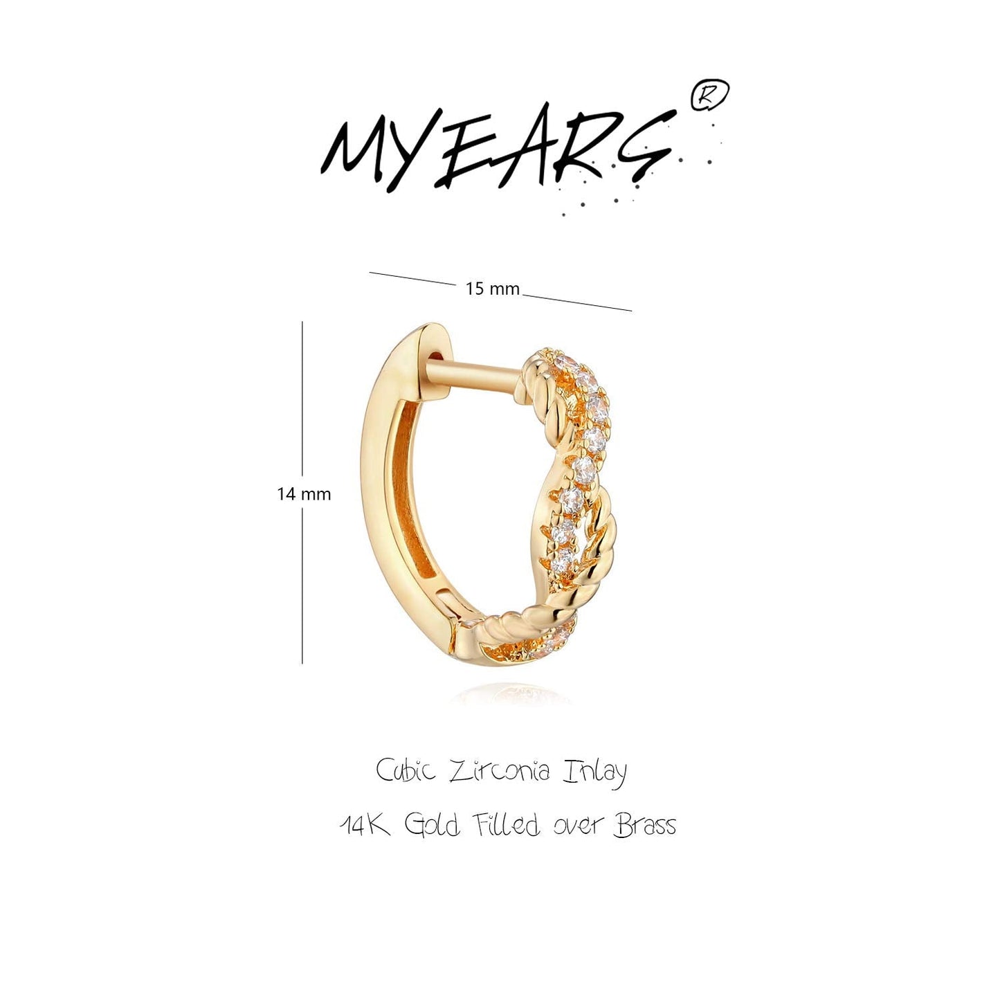 MYEARS Women Twisted Earrings Gold Huggie Hoop Ear Stud Cuff Cubic Zirconia 14K Small Simple Hypoallergenic Everyday Jewelry