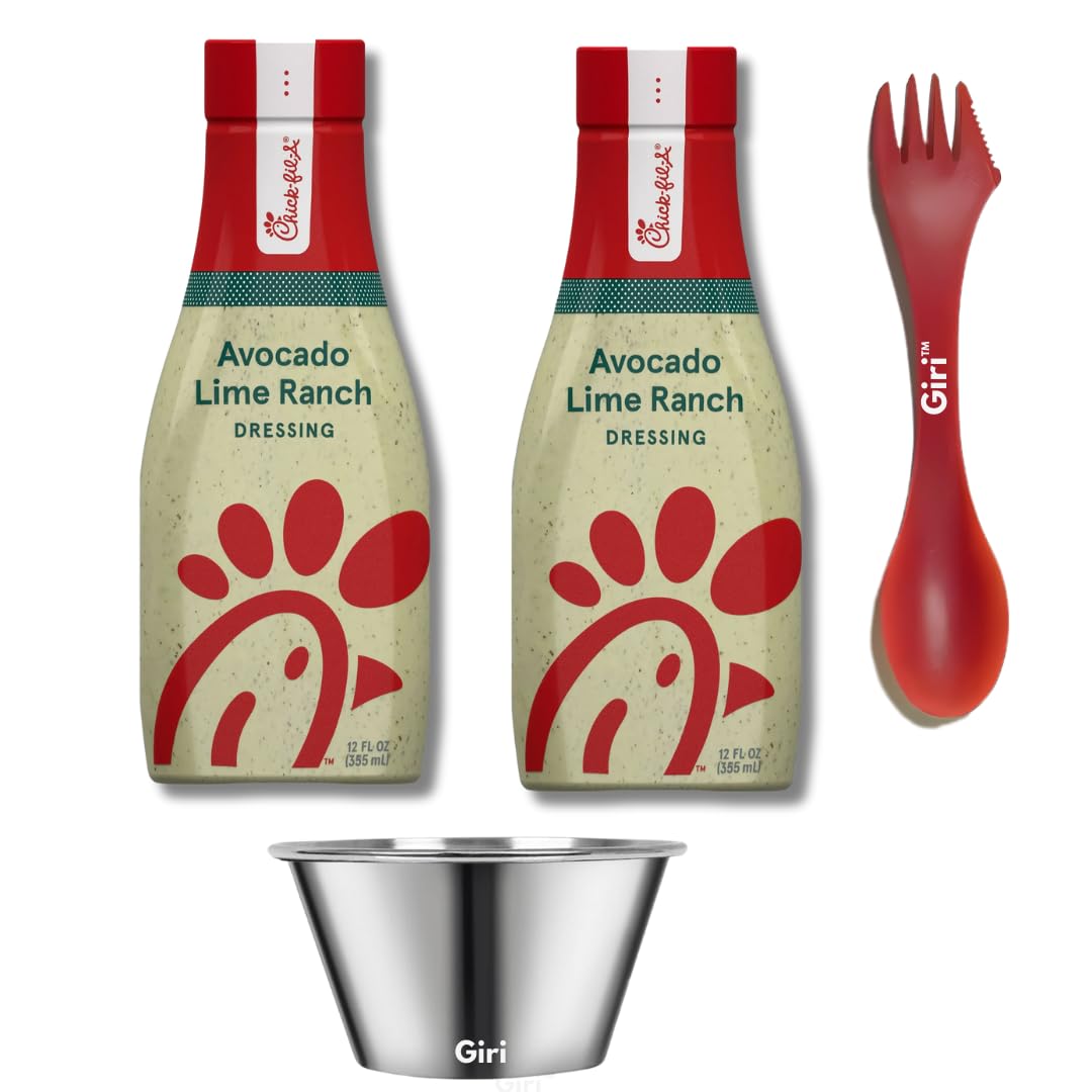 Chick-fil-A Avocado Lime Ranch Salad Dressing 12 oz (2-pack) Bundle with Giri Plastic Spork and Stainless Steel Condiment Cup (3 Items)