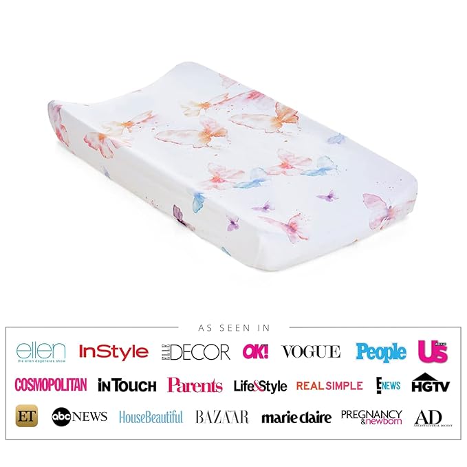 Oilo Changing Pad Cover, Breathable 100% Turkish Cotton Fitted Jersey, 300 Thread Count, Machine Washable, Fits Standard Changing Pads (32" x 16"), Girl, Boy, & Neutral Nursery Design, Butterfly