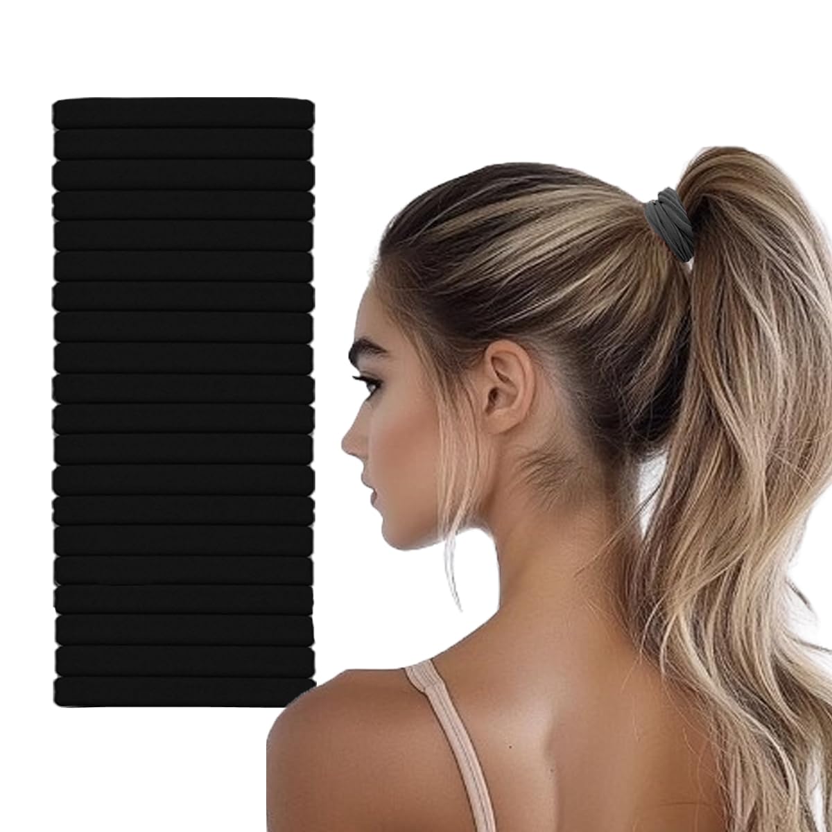 Vrose Flosi 20pcs Black Hair Ties No Damage - Stretchy thick Hair Bands | Soft Nylon Ponytail Holders SnagFree Rubber Bands for