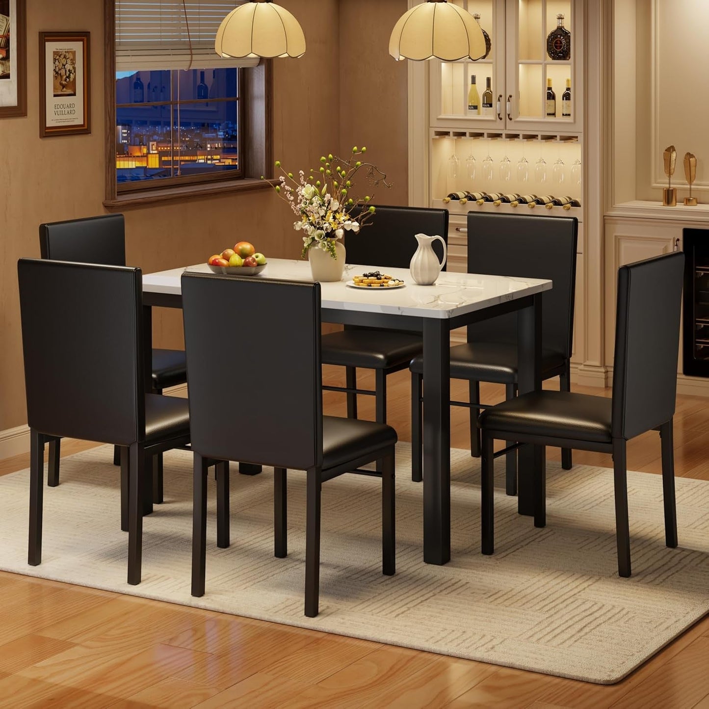 Dining Table Set for 6, 7-Piece Kitchen Dining Room Set with Faux Marble Top & Sturdy Metal Frame, Space Saving Dinner Table with 6 Chairs for Small Spaces, Dining Room, White & Black