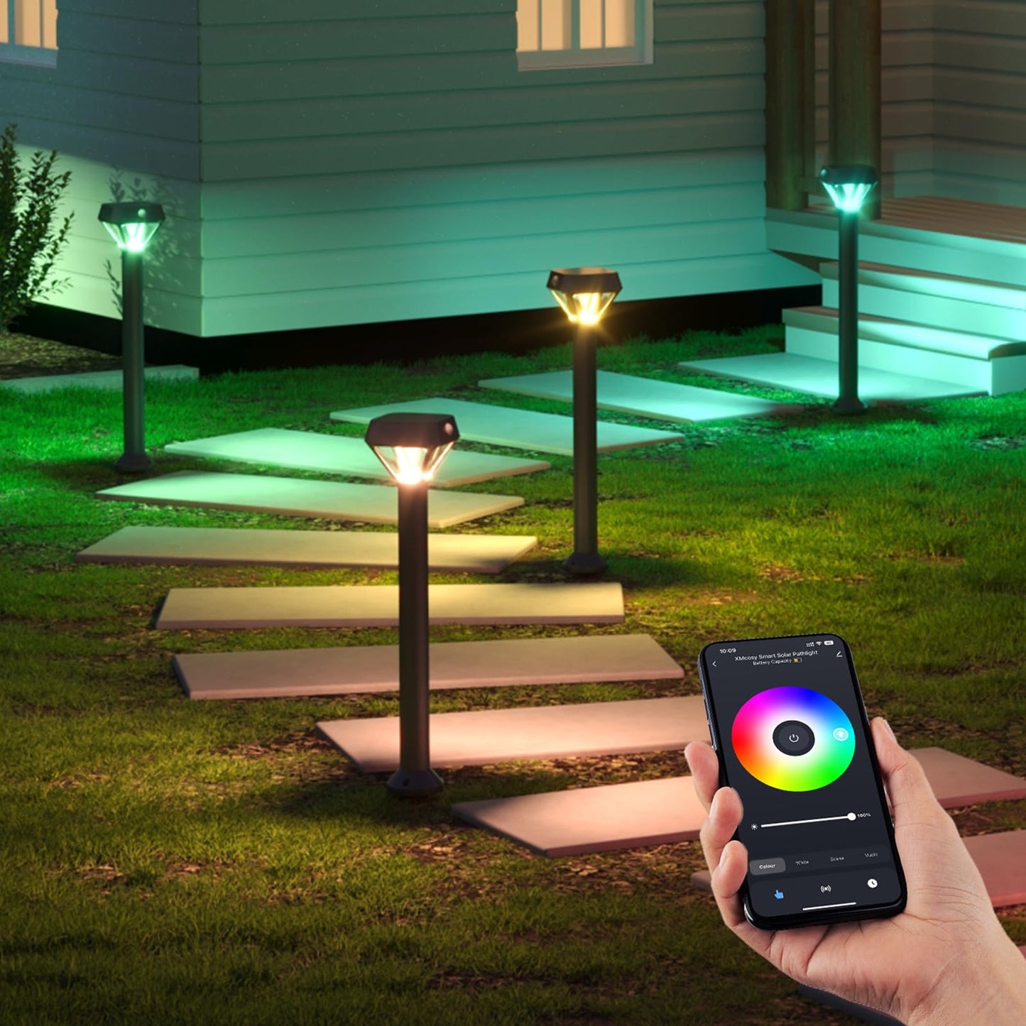 XMCOSY+ Smart Solar Pathway Lights, Bluetooth APP Control with Motion Sensor, 150LM RGBCW Color Changing Landscape Lighting for