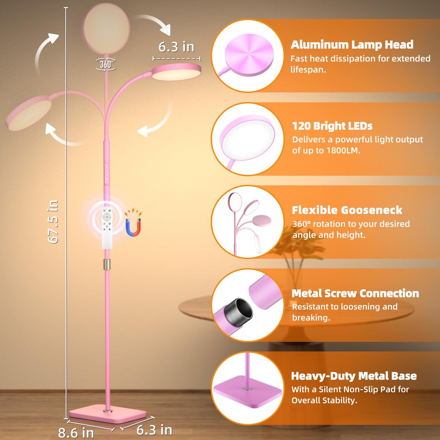 PACOVY Adjustable Height Floor Lamp, 120 LED, Dimmable, Copper, 1 Pack, Pink, Model ADJ-01