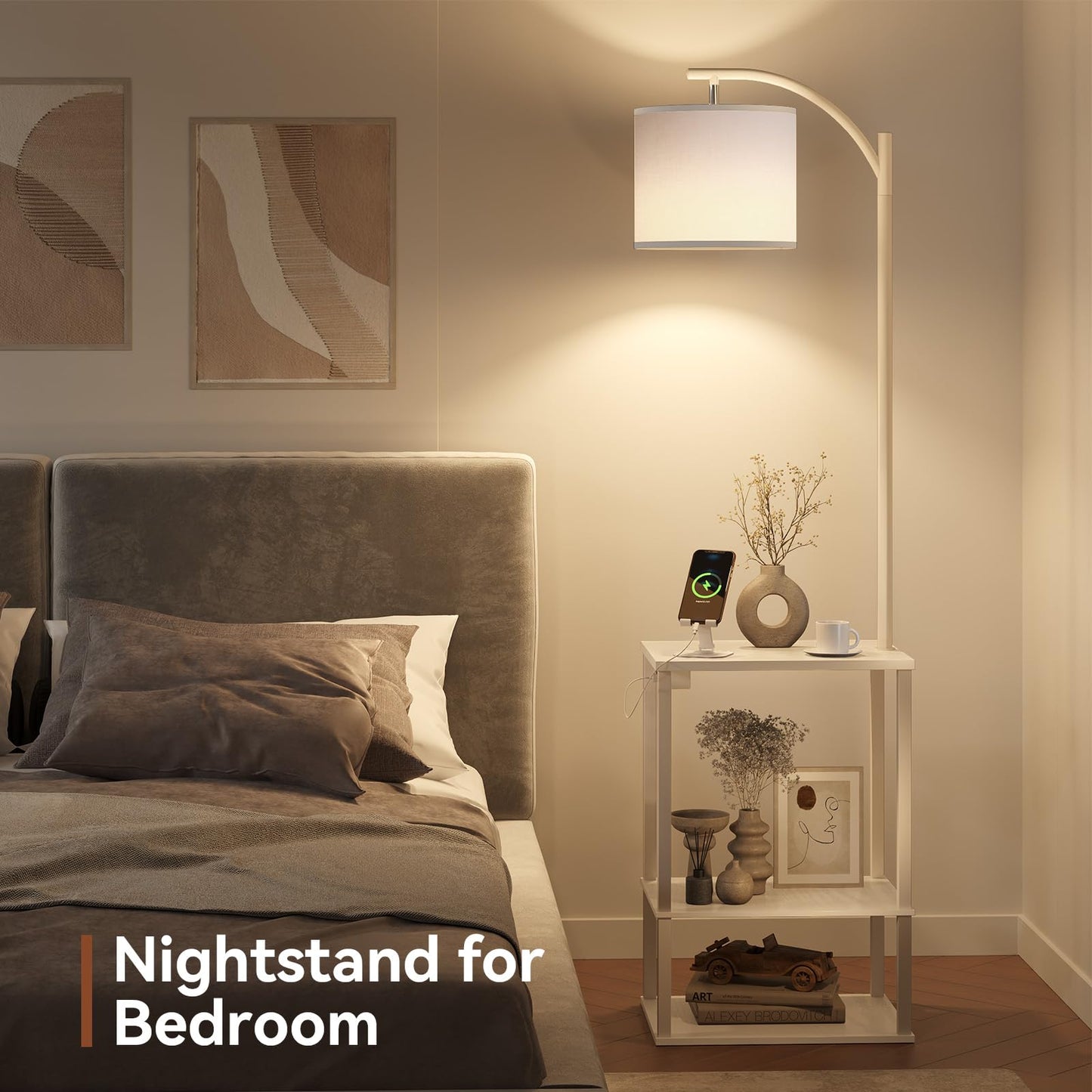 SUNMORY Floor Lamp with Table, USB & AC Charging, 15.75inx11.81inx59.06in, Pure White, Model PFL-012A