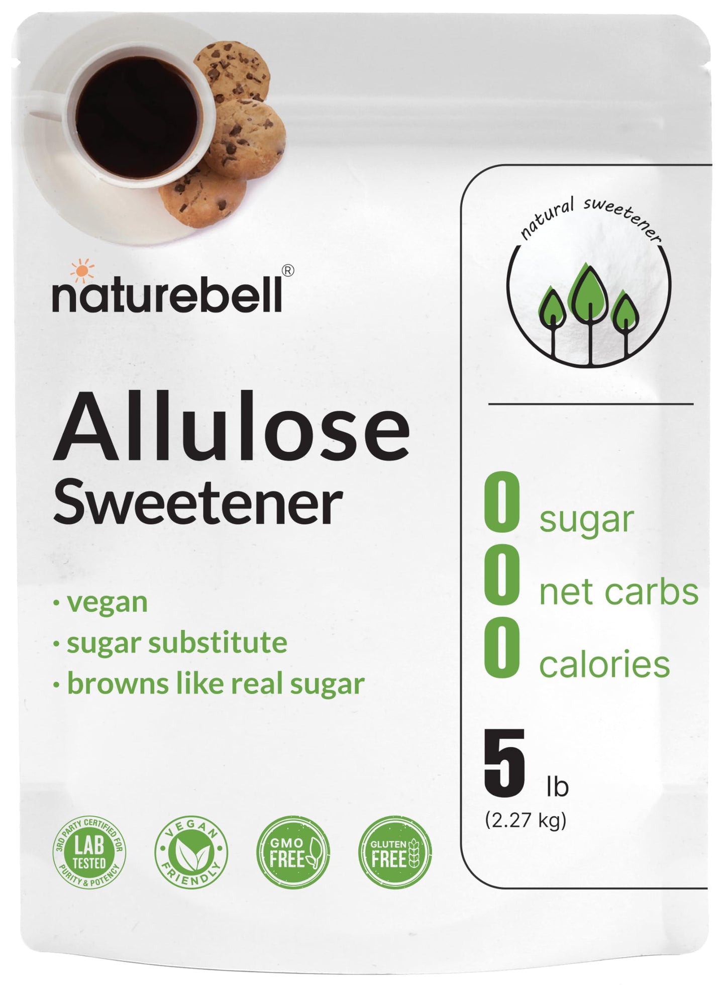 NatureBell Allulose Sweetener 5 Lbs | Keto & Vegan-Friendly White Sugar Substitute | 0 Calorie 0 Sugar 0 Net Carb Non-Glycemic Browns Like Table Sugar | Bulk Supply for Baking & Beverages